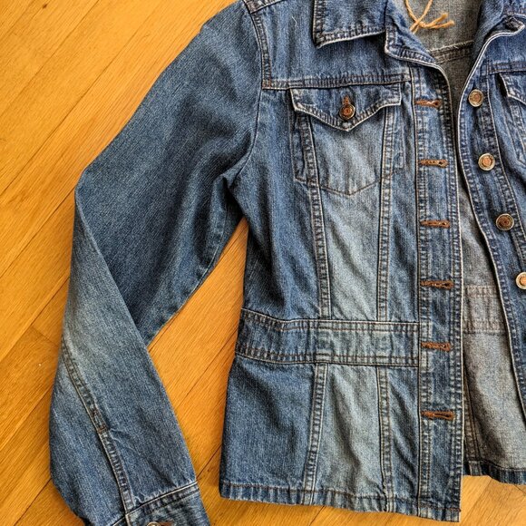 Denim Jacket with Vintage Quilt Patch - SZ M - Picture 2 of 8